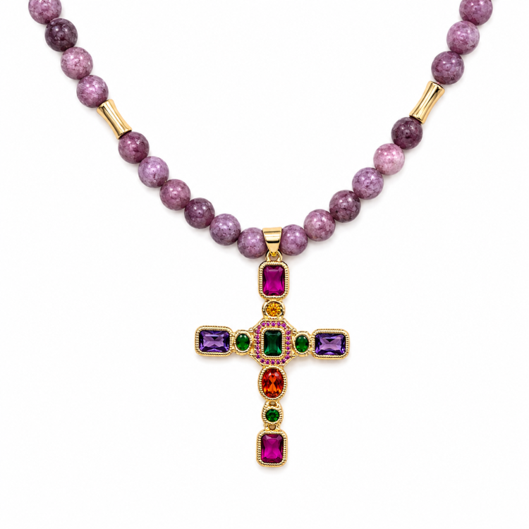 Silver and gold plated beaded necklace with a cross pendant featuring colored cubic zirconia and 6mm lepidolite beads.