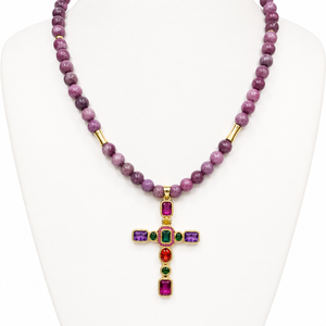 Silver gold plated beaded necklace featuring a cross pendant with coloured cubic zirconia and 6mm lepidolite beads.