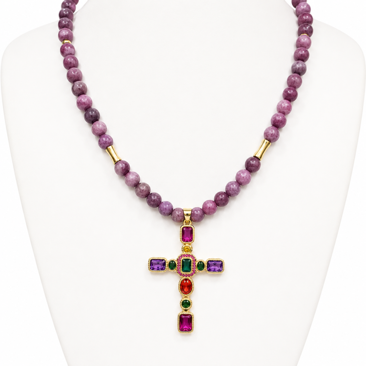 Silver gold plated beaded necklace featuring a cross pendant with coloured cubic zirconia and 6mm lepidolite beads.