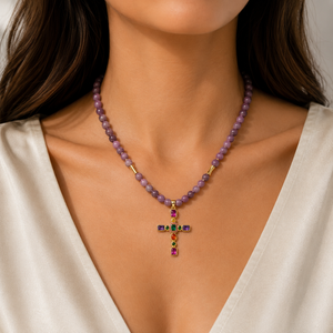 Silver and gold plated beaded necklace with cross pendant, coloured cubic zirconia, and 6mm Lepidolite beads by T.M.J.
