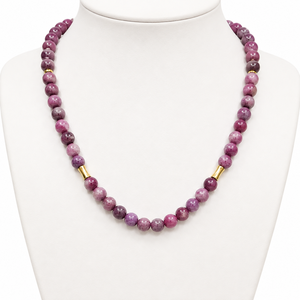Silver and gold plated beaded necklace with cross pendant featuring coloured cubic zirconia and 6mm Lepidolite beads.
