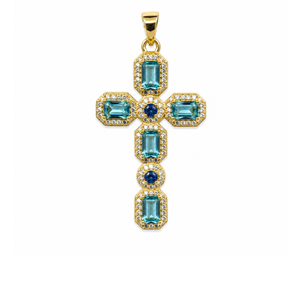 Silver and gold-plated cross pendant with aquamarine crystals on faceted howlite beaded necklace by T.M.J