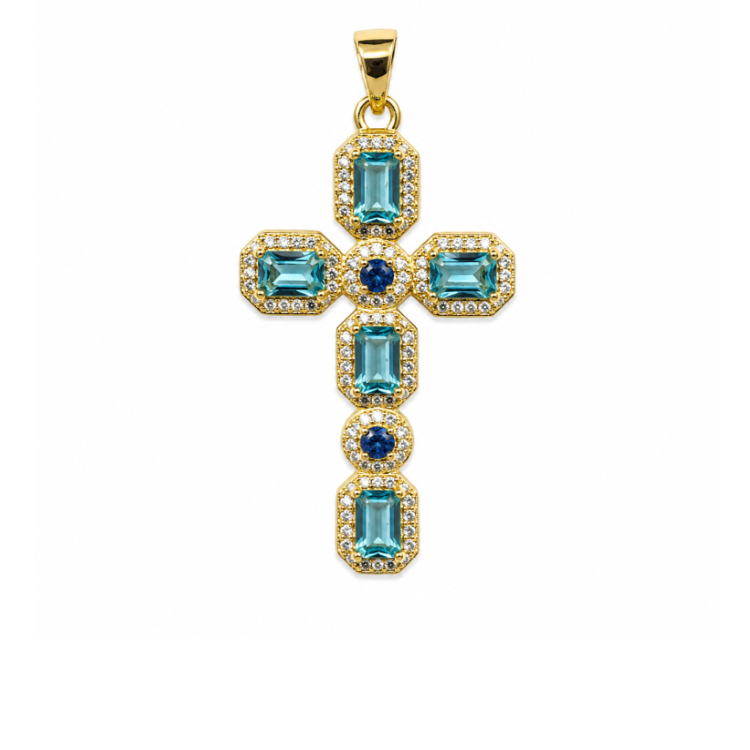 Silver and gold-plated cross pendant with aquamarine crystals on faceted howlite beaded necklace by T.M.J
