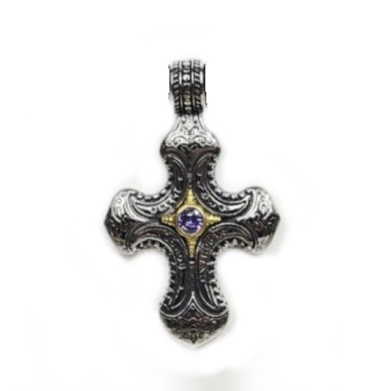 Stainless steel cross pendant with amethyst crystal strand on a beaded necklace, featuring purple amethyst beads and T.M.J branding.