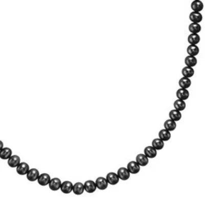 Men's medium black freshwater pearl beaded necklace by T.M.J, showcasing a sleek silver clasp and polished black pearls.