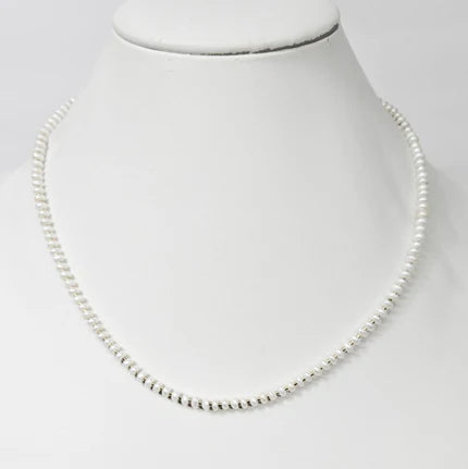 Mini beaded necklace by T.M.J with pearls and stainless steel spacer beads, 45cm silver-toned jewelry accessory