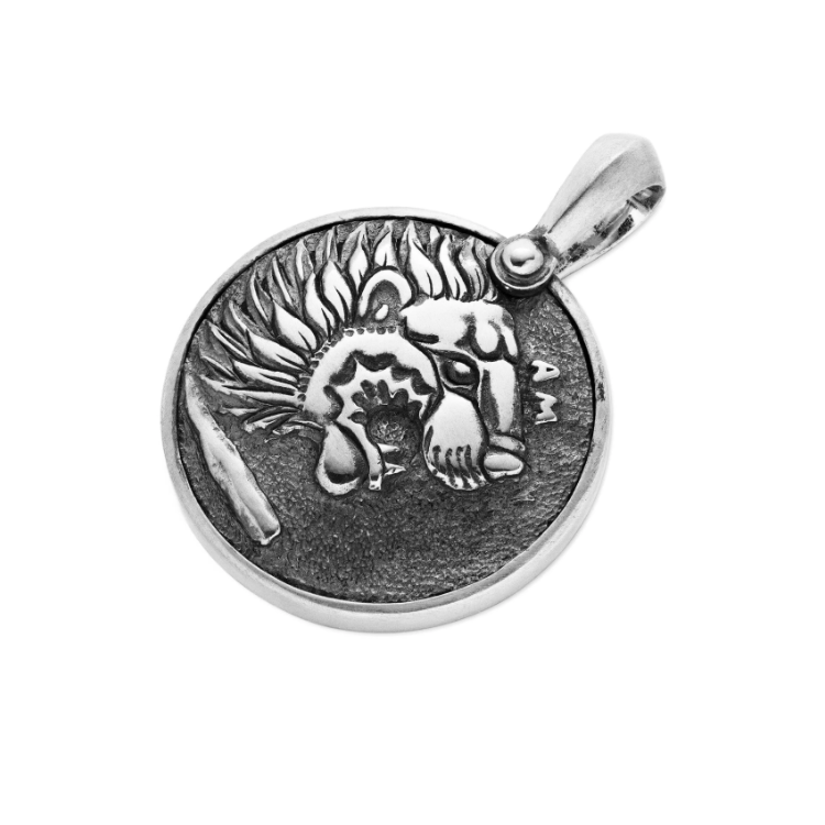 Stainless steel Nemean Lion pendant from T.M.J, featuring Greek mythology design on a beaded necklace.