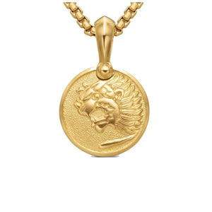 Gold pendant featuring the Nemean Lion from Greek mythology on a beaded necklace, designed by T.M.J.