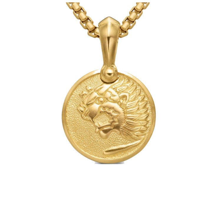 Gold pendant featuring the Nemean Lion from Greek mythology on a beaded necklace, designed by T.M.J.