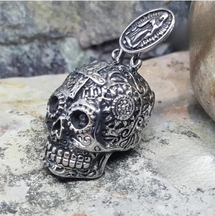 Black Onyx beaded necklace with stainless steel Day of the Dead skull pendant, featuring a silver skull charm.
