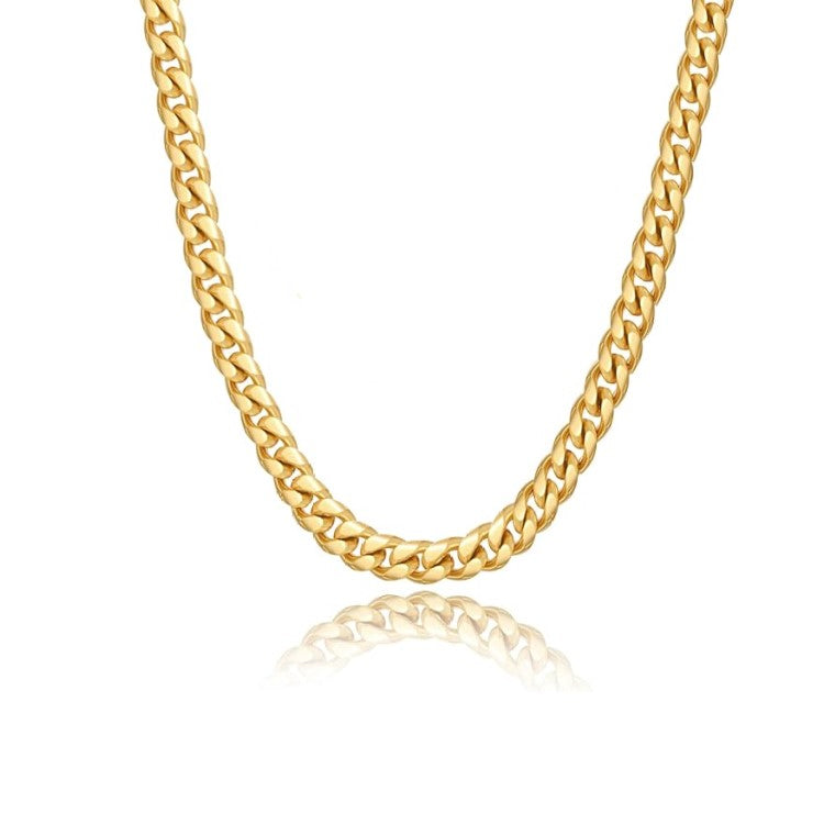 Stainless gold-plated 8mm Cuban curb link chain necklace with satin and polish finish, crafted by T.M.J.