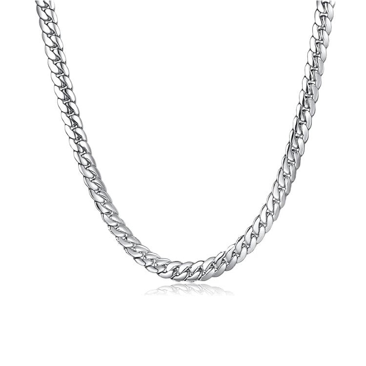 Stainless steel 8mm Cuban curb link chain necklace with satin and polish finish, displayed on a plain background.