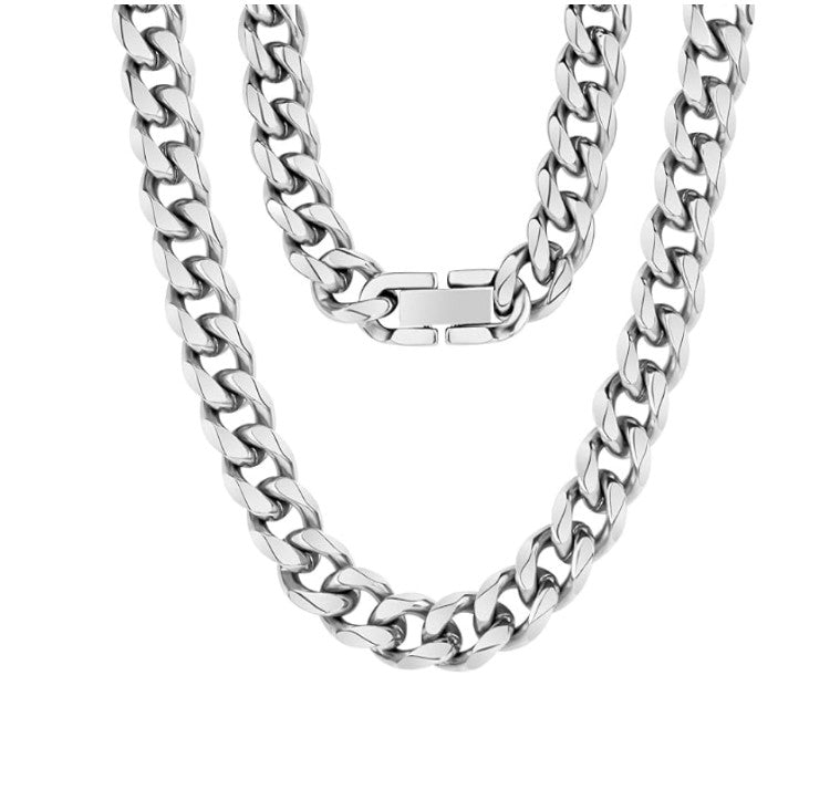Stainless steel 9mm Miami Cuban link chain necklace by T.M.J, 50cm length with a polished, durable design.