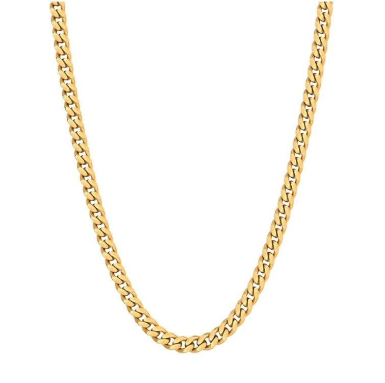 Stainless gold-plated 7mm Cuban link chain in various sizes, T.M.J brand, close-up of shiny, durable jewelry chain.