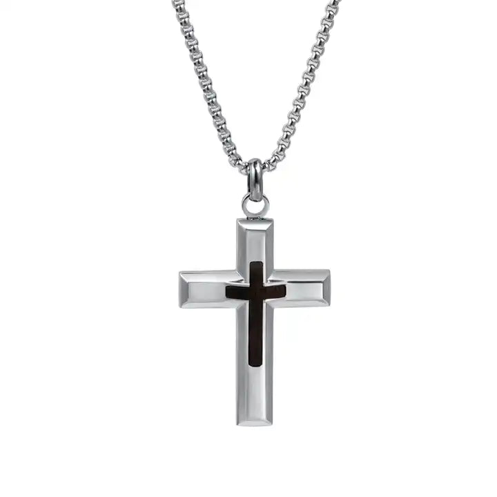 Corrin men's stainless steel cross pendant with ebony wood inlay, stylish religious jewelry by T.M.J.