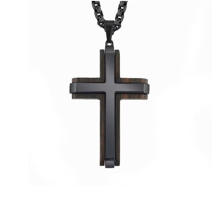 Black plated stainless steel men's cross with ebony wood inlay, crafted by T.M.J, featuring a sleek and polished religious pendant.