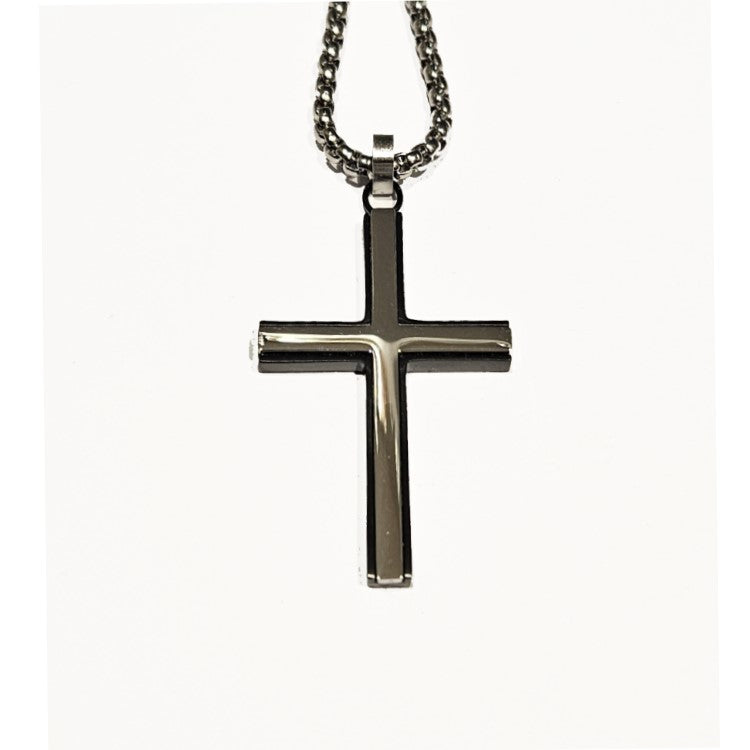 Men's stainless steel and polished black IP-plated cross necklace by T.M.J, featuring a detailed cross pendant.