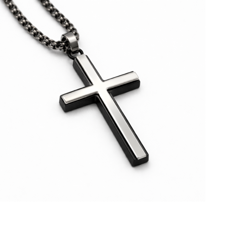 Ironvale men's stainless steel and black IP-plated cross necklace with polished finish, featuring a detailed cross pendant.