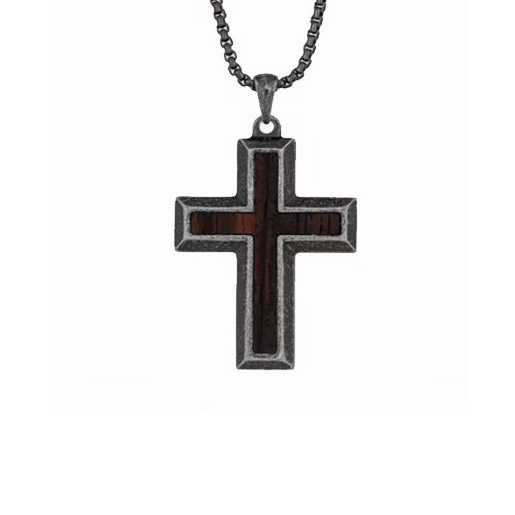 Ravencroft men's antique steel cross pendant with matte black finish and ebony wood inlay, T.M.J crosses jewelry.