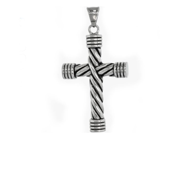 Stainless steel cable rope cross necklace with T.M.J branding, featuring a sleek metal cross pendant on a sturdy rope chain.