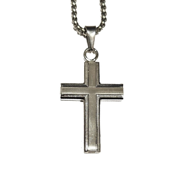 Stainless steel cross pendant with satin inlay, T.M.J brand, featuring a sleek and polished religious jewelry design.