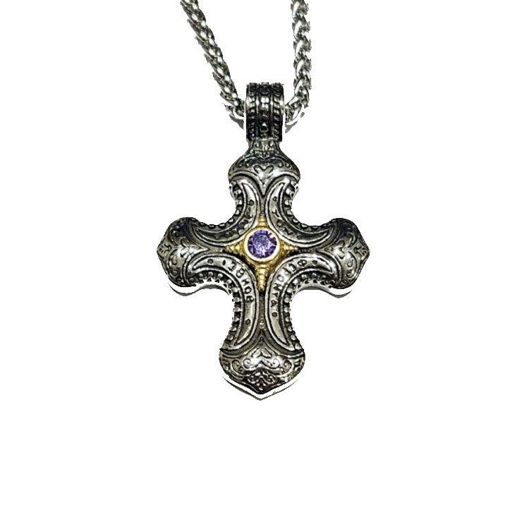 Stainless steel Spanish style cross necklace with amethyst pendant, featuring intricate design and a polished finish.