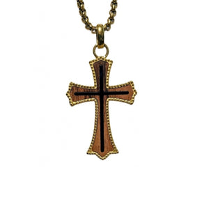 Thornbury Bubinga wood ornate cross pendant on gold PVD stainless steel chain, featuring detailed craftsmanship and natural wood grain.