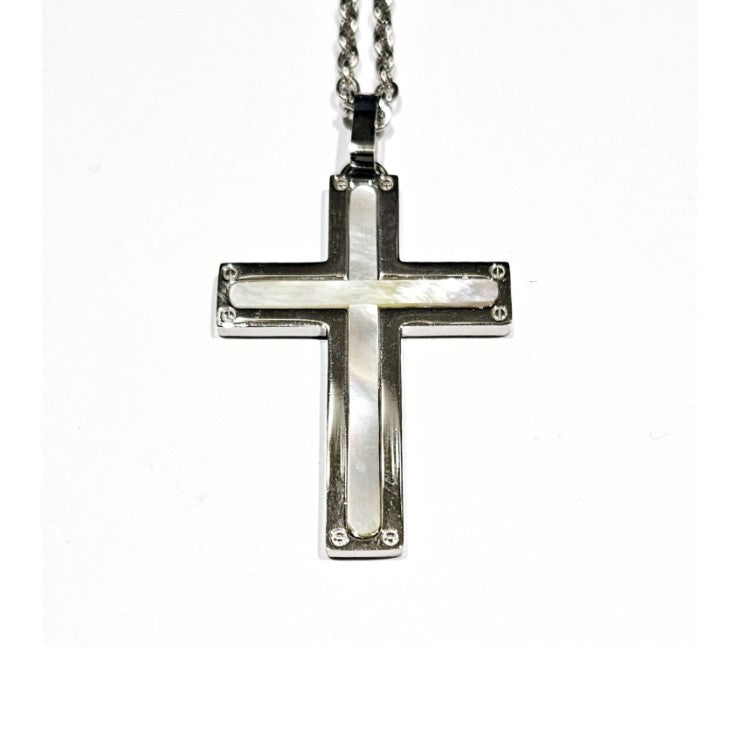 Solstice stainless steel cross necklace by T.M.J with mother-of-pearl inlay, featuring a sleek cross design and polished finish.
