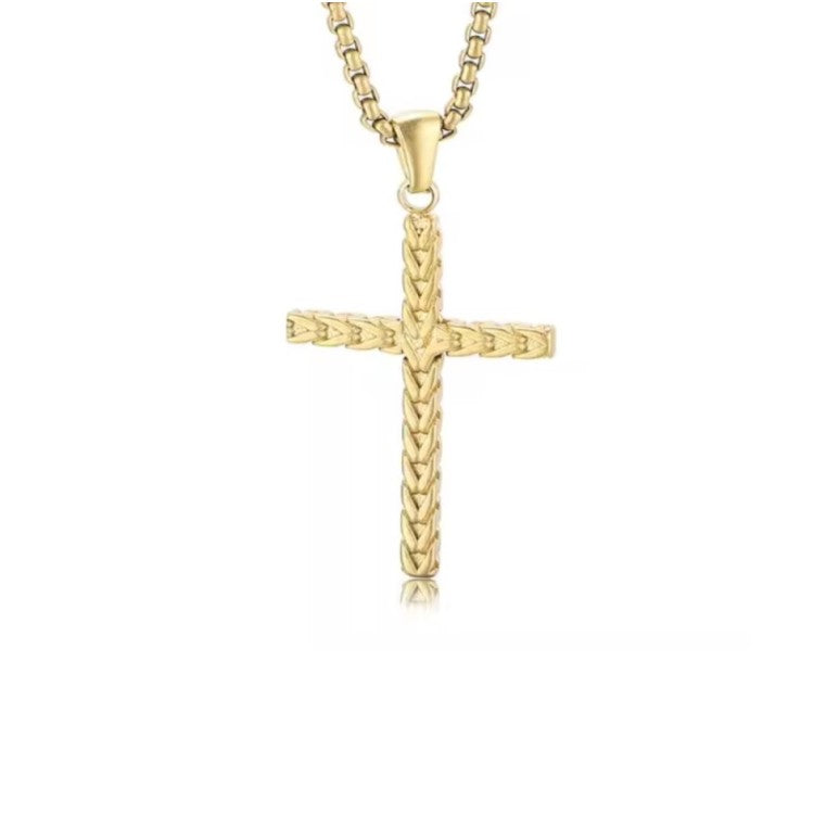 T.M.J stainless steel Halloway gold PVD satin finish cross pendant with detailed design and polished surface.
