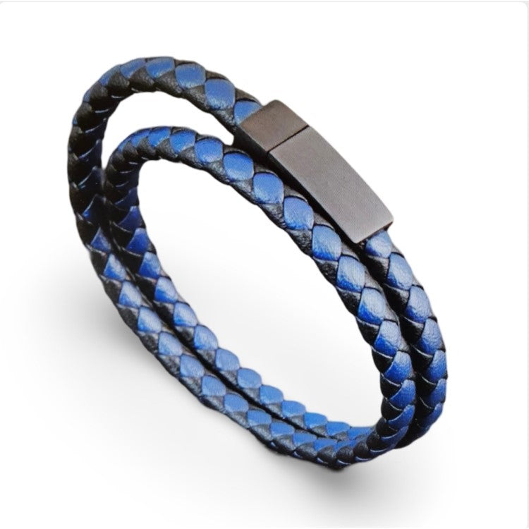 Men’s leather bracelet by T.M.J with black and brown woven pattern, 19cm, stylish accessory for men.