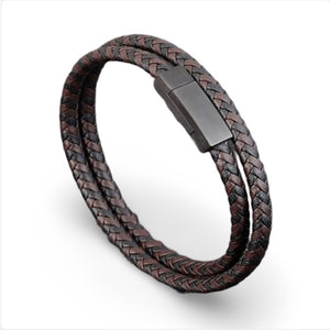 Men’s leather bracelet with black and brown woven pattern, 19cm, by T.M.J, showcasing stylish woven design and adjustable fit.