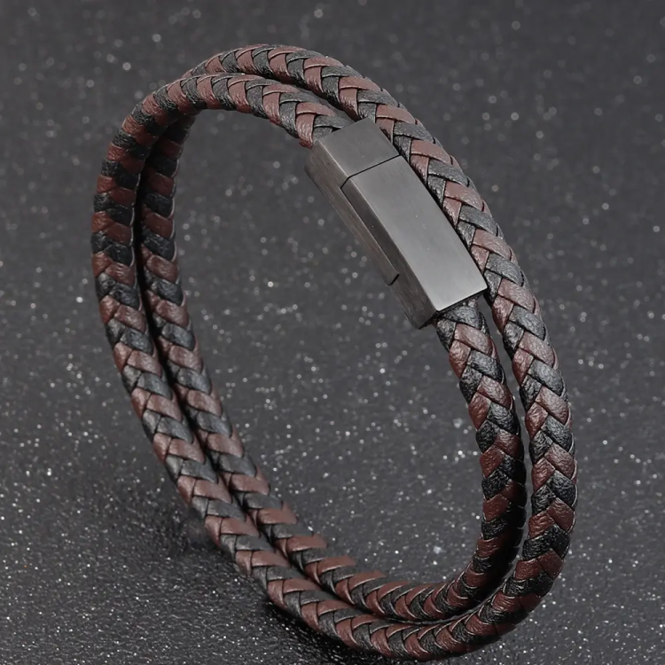Men’s leather bracelet by T.M.J with black and brown woven pattern, 19cm, stylish accessory for men.