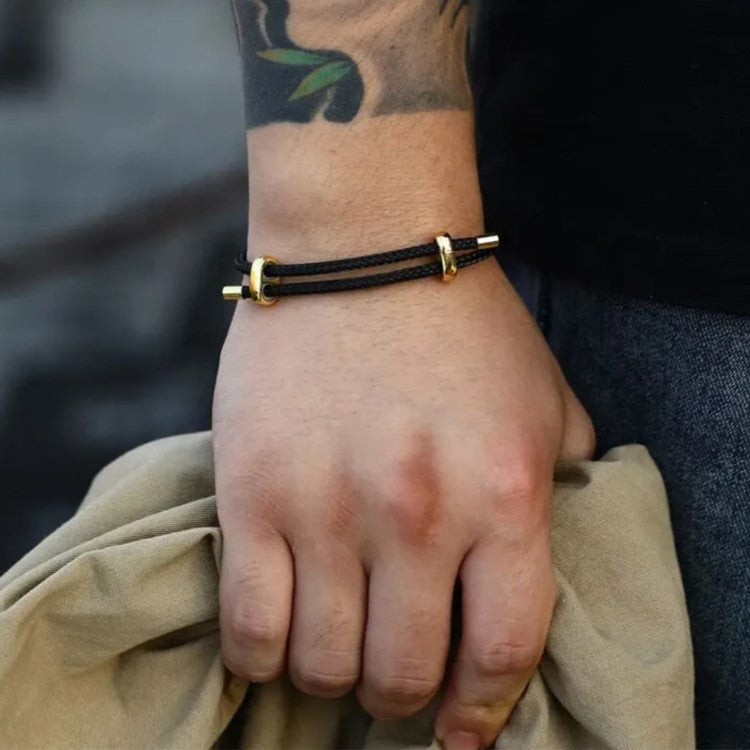 Genuine 4mm blue braided stainless steel leather bracelet with gold-tone accents by T.M.J, stylish and durable men's jewelry