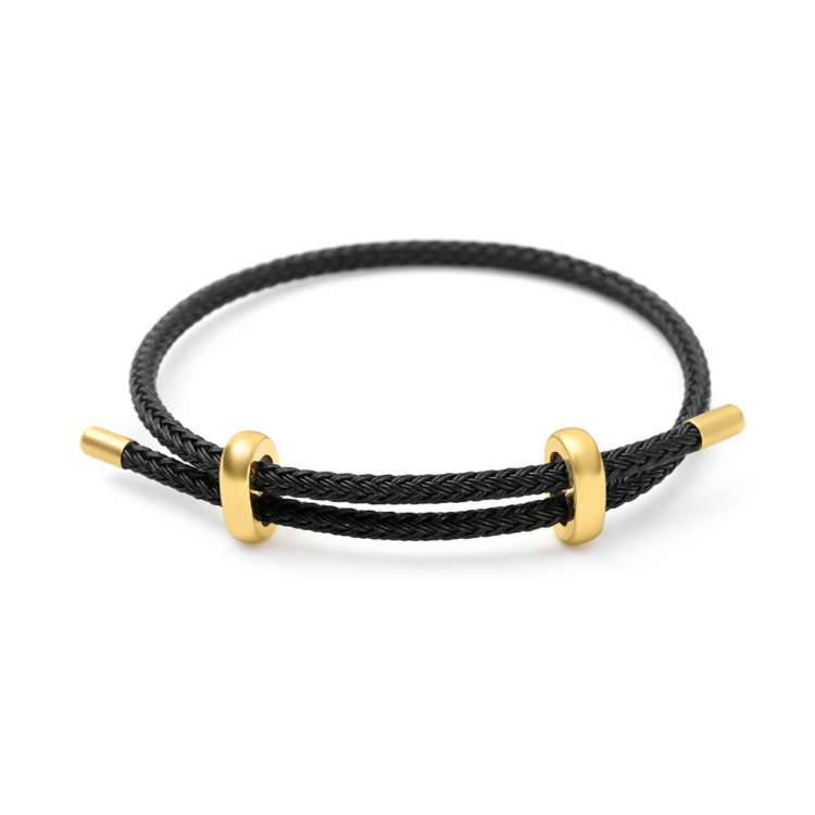 Blue leather bracelet with genuine 4mm braided stainless steel and gold-tone accents, stylish T.M.J leather bracelet.