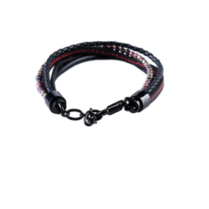 Multi-strand black leather bracelet with hematite beads and ion-plated stainless steel clasp, stylish T.M.J leather jewelry accessory.