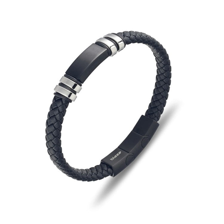 Black leather men's bangle by T.M.J with stainless steel details, showcasing a sleek and stylish leather bracelet design.