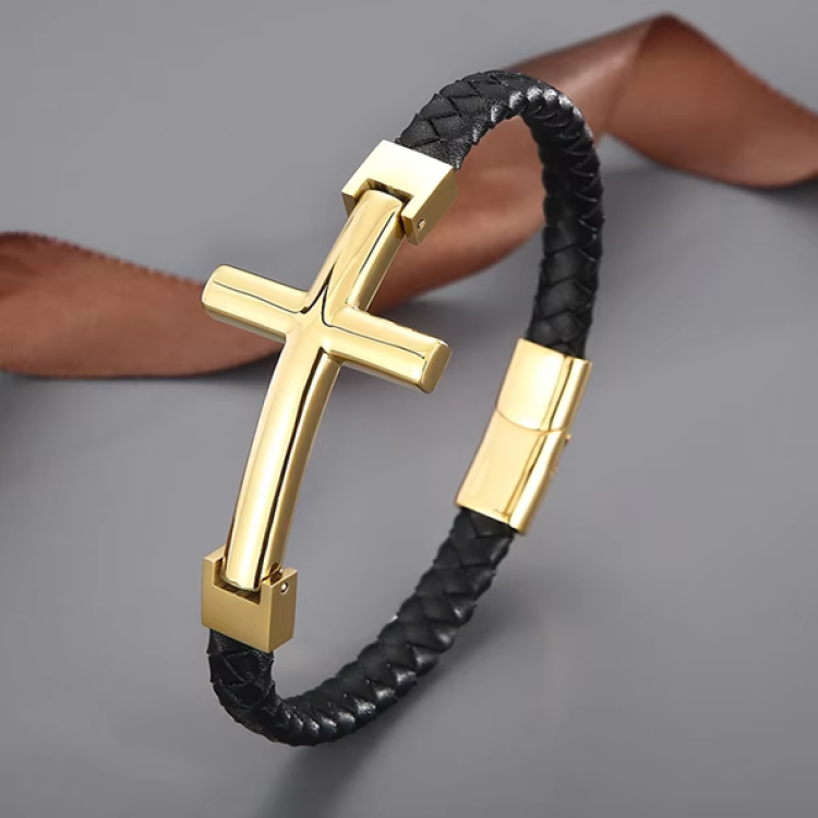T.M.J flat braided leather bracelet with large cross detail, gold accents, stylish unisex leather accessory