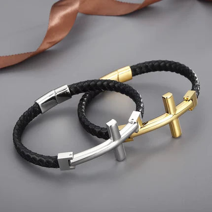 T.M.J flat braided leather bracelet with gold accents and a large cross charm, stylish accessory for men's or women's jewelry.