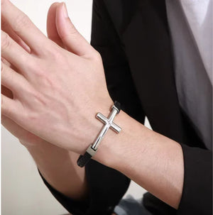 T.M.J flat braided leather bracelet with large cross detail, gold-tone accents, stylish men's leather jewelry accessory