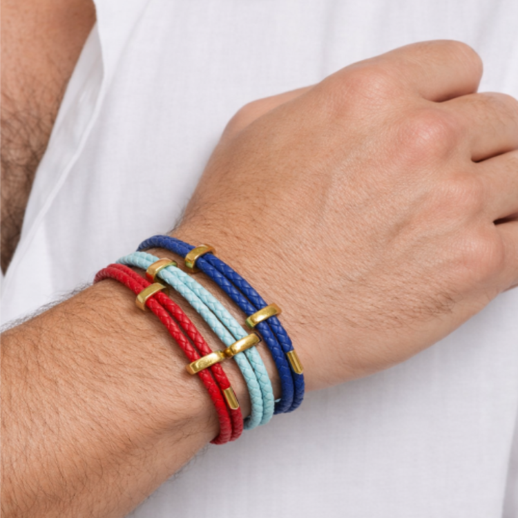 Genuine 4mm braided red leather bracelet by T.M.J with gold-tone accents, stylish and durable leather bracelet for men.