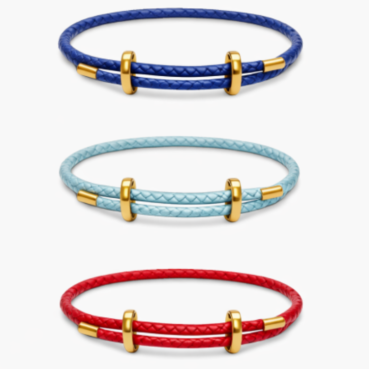 Genuine 4mm red braided leather bracelet with gold-tone accents from T.M.J, showcasing detailed craftsmanship and stylish design.