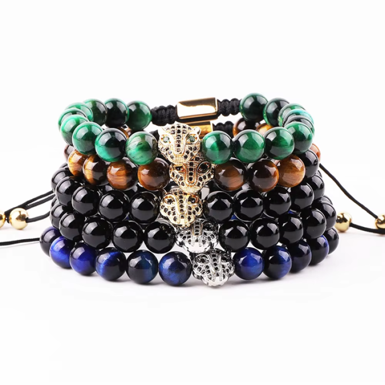 High-quality green tiger eye and natural stone beaded macrame bracelet with CZ panther charm by T.M.J.