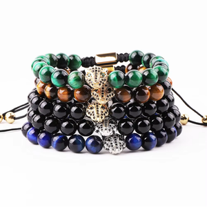 High-quality green tiger eye and natural stone beaded macrame bracelet with CZ panther charm by T.M.J.