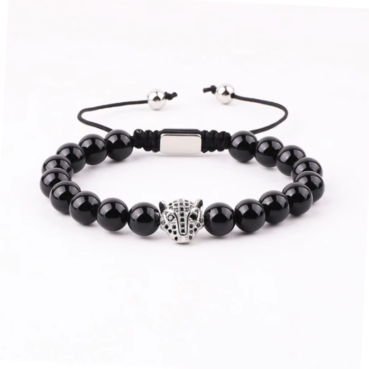 High-quality 8mm natural stone beaded macrame bracelet with CZ panther charm and green tiger eye accents by T.M.J.
