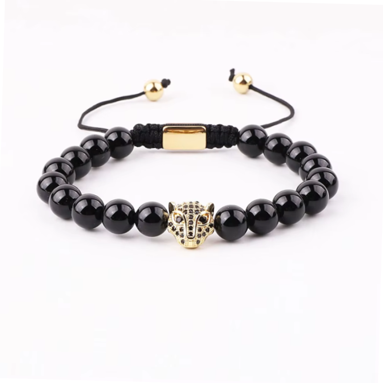 High-quality green tiger eye and natural stone beaded macrame bracelet with CZ panther charm by T.M.J.