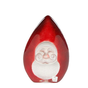 Red crystal Santa Claus sculpture by Mats Jonasson, crafted by Maleras Crystal Sweden, displayed with intricate details.