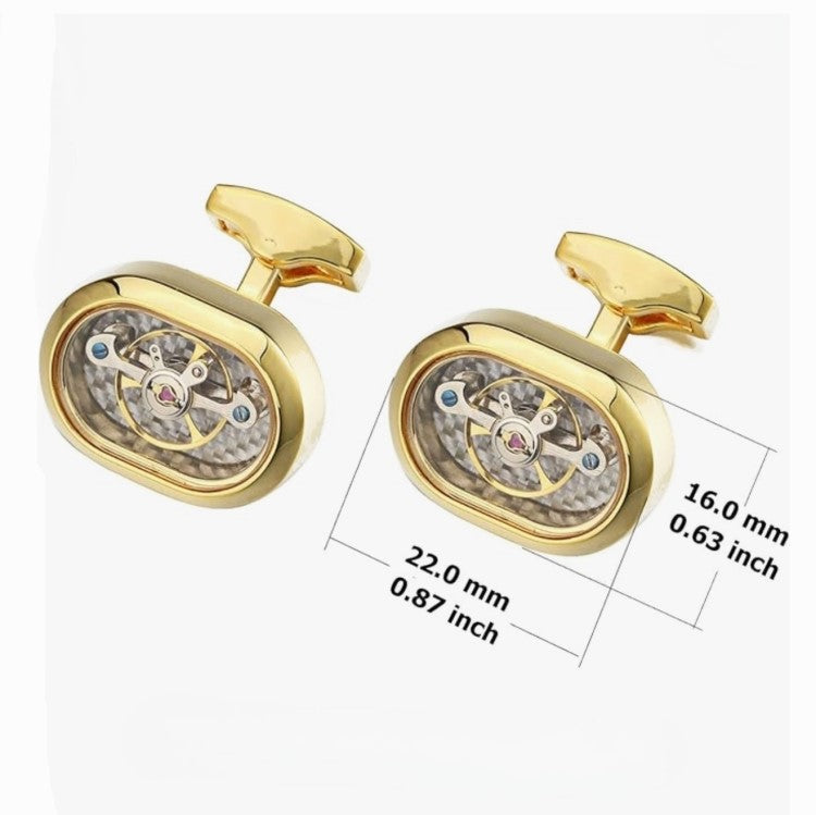 Handmade gold plated watch movement cufflinks featuring intricate mechanical watch components, crafted by T.M.J.