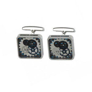 T.M.J mechanical stainless steel cufflinks with a carbon fiber background, featuring a detailed watch design for elegant men's accessories.