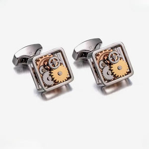Silver T.M.J Steampunk Gear Cufflinks with mechanical design and intricate gear details, perfect for steampunk or formal wear.