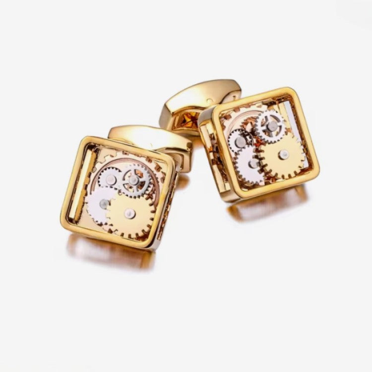 Silver T.M.J Steampunk Gear mechanical cufflinks featuring intricate gear and mechanical design for a vintage industrial style.